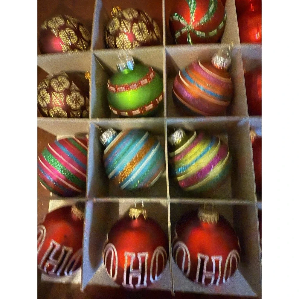 VTG 17 Christmas Ornaments Lot Glitter Stripes Red Green Gold HO‎ HOGlass Decor
